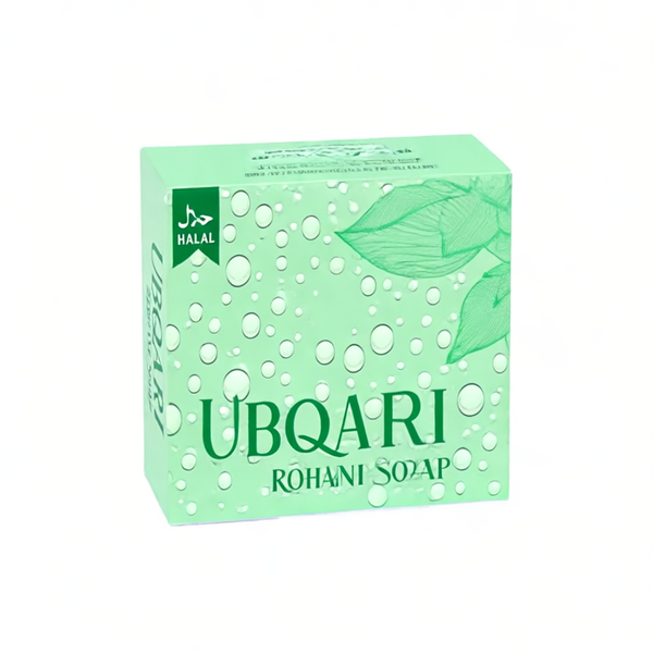 Green box of Ubqari Rohani Soap with leaf design on a white background